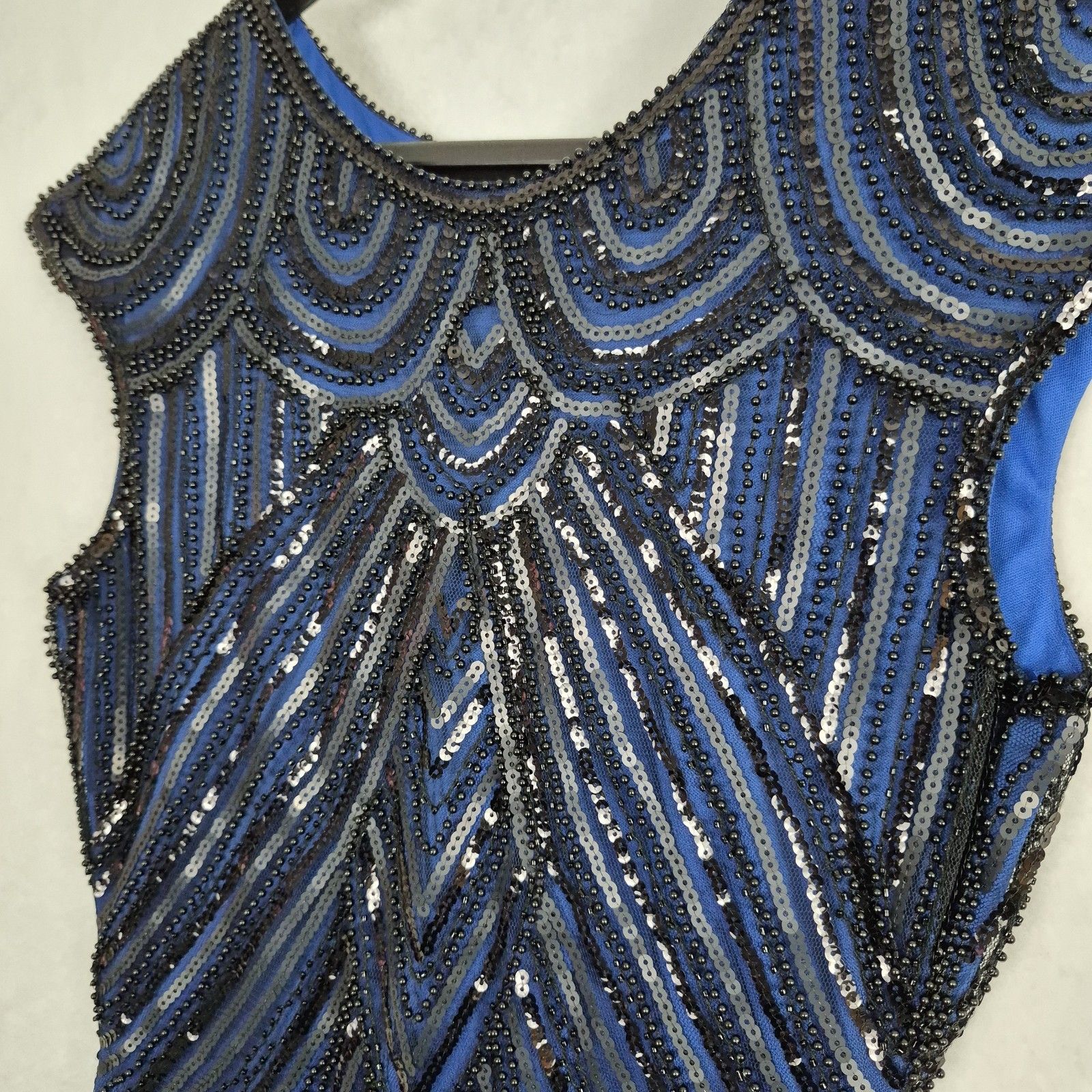 Ladies 1920s Roaring 20s Flapper Gatsby Blue Black Sequins Dress Small Fringe. — image 5 of 8